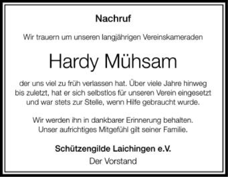  Traueranzeige für Hardy Mühsam vom 16.06.2012 aus Schwäbische Zeitung