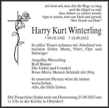 Anzeige von Harry Kurt Winterling von Schwäbische Zeitung