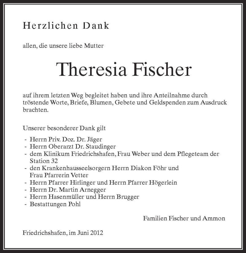  Traueranzeige für Theresia Fischer vom 09.06.2012 aus Schwäbische Zeitung