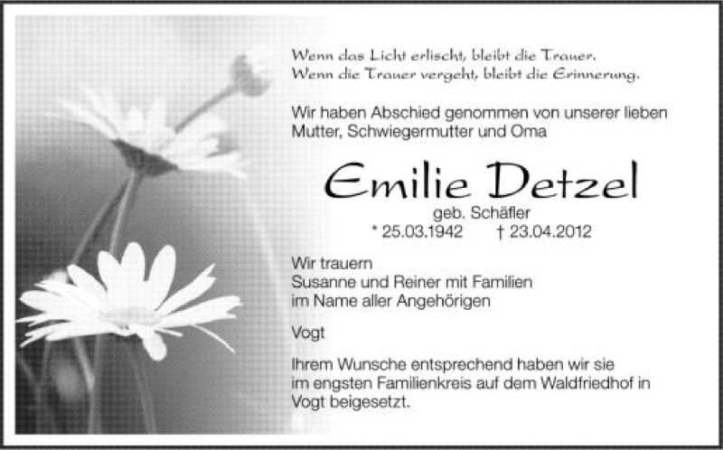  Traueranzeige für Emilie Detzel vom 03.05.2012 aus Schwäbische Zeitung