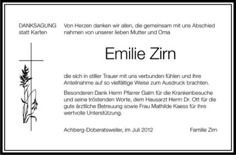  Traueranzeige für Emilie Zirn vom 06.07.2012 aus Schwäbische Zeitung