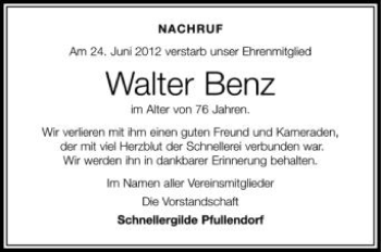 Anzeige von Walter Benz von Schwäbische Zeitung