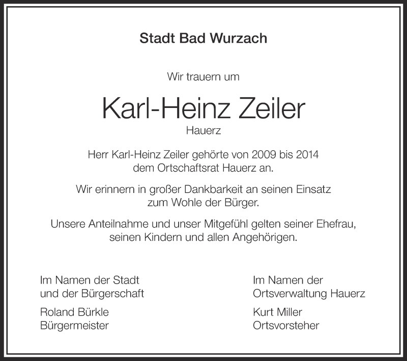  Traueranzeige für Karl-Heinz Zeiler vom 18.03.2015 aus Schwäbische Zeitung