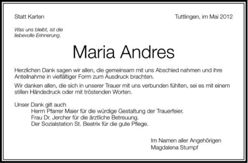  Traueranzeige für Maria Andres vom 05.05.2012 aus Schwäbische Zeitung