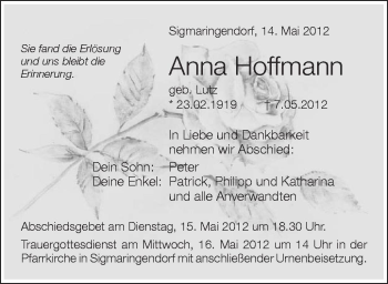 Anzeige von Anna Hoffmann von Schwäbische Zeitung