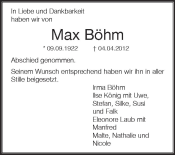 Anzeige von Max Böhm von Schwäbische Zeitung