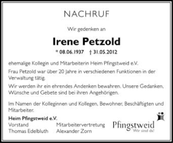 Anzeige von Irene Petzold von Schwäbische Zeitung