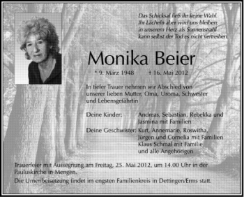 Anzeige von Monika Beier von Schwäbische Zeitung