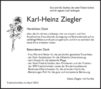 Anzeige von Karl-Heinz Ziegler von Schwäbische Zeitung