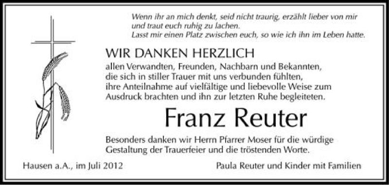  Traueranzeige für Franz Reuter vom 03.08.2012 aus Schwäbische Zeitung