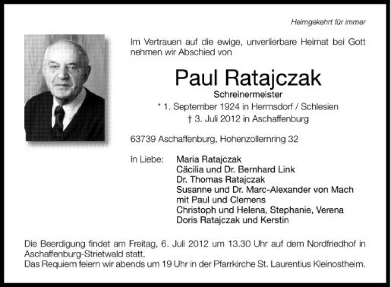  Traueranzeige für Paul Ratajczak vom 05.07.2012 aus Schwäbische Zeitung