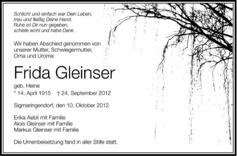  Traueranzeige für Frida Gleinser vom 10.10.2012 aus Schwäbische Zeitung