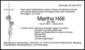 Anzeige von Martha Höll von Schwäbische Zeitung