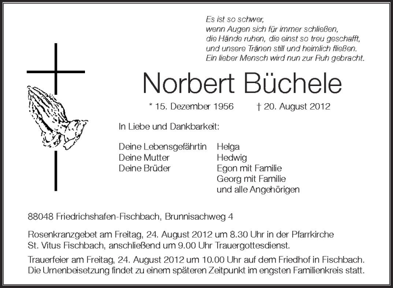  Traueranzeige für Norbert Büchele vom 22.08.2012 aus Schwäbische Zeitung