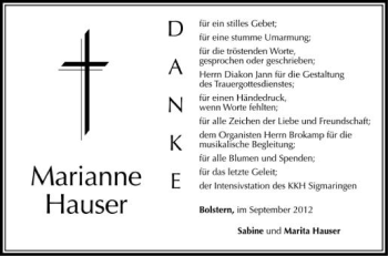 Anzeige von Marianne Hauser von Schwäbische Zeitung