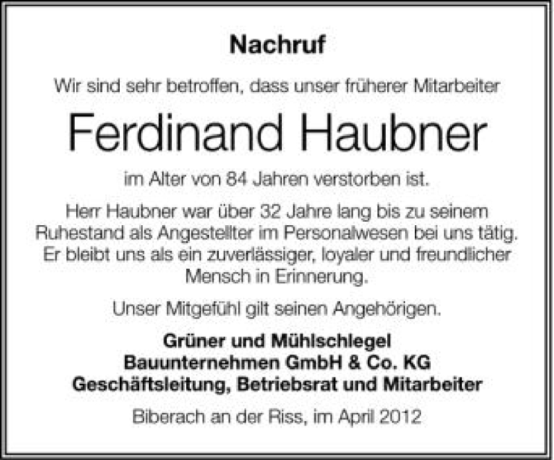  Traueranzeige für Ferdinand Haubner vom 13.04.2012 aus Schwäbische Zeitung