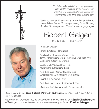 Anzeige von Robert Geiger von Schwäbische Zeitung
