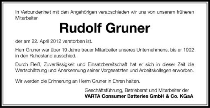  Traueranzeige für Rudolf Gruner vom 25.04.2012 aus Schwäbische Zeitung