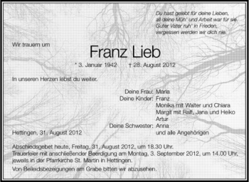Anzeige von Franz Lieb von Schwäbische Zeitung
