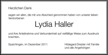 Anzeige von Lydia Haller von Schwäbische Zeitung