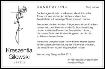 Anzeige von Kreszentia Gilowski von Schwäbische Zeitung