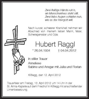 Anzeige von Hubert Raggl von Schwäbische Zeitung