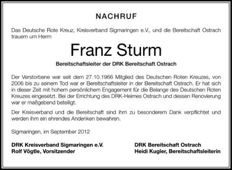  Traueranzeige für Franz Sturm vom 18.09.2012 aus Schwäbische Zeitung
