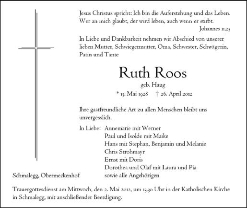  Traueranzeige für Ruth Roos vom 30.04.2012 aus Schwäbische Zeitung