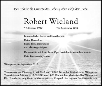 Anzeige von Robert Wieland von Schwäbische Zeitung