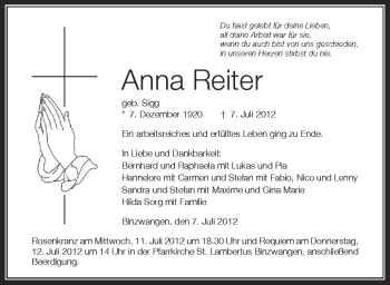 Anzeige von Anna Reiter von Schwäbische Zeitung