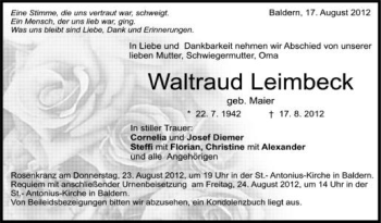 Anzeige von Waltraud Leimbeck von Schwäbische Zeitung