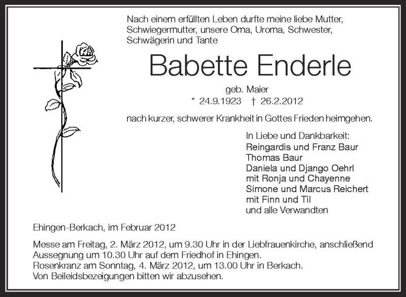  Traueranzeige für Babette Enderle vom 29.02.2012 aus Schwäbische Zeitung