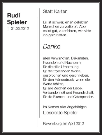 Anzeige von Rudi Spieler von Schwäbische Zeitung
