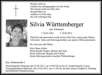 Anzeige von Silvia Württemberger von Schwäbische Zeitung
