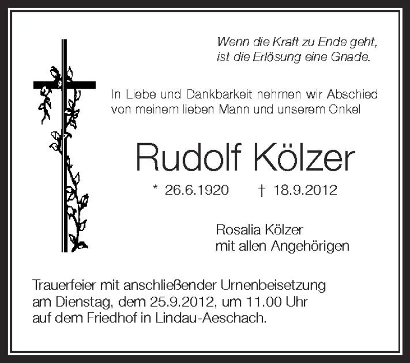  Traueranzeige für Rudolf Kölzer vom 22.09.2012 aus Schwäbische Zeitung