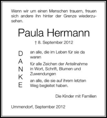 Anzeige von Paula Hermann von Schwäbische Zeitung