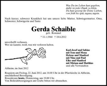 Anzeige von Gerda Schaible von Schwäbische Zeitung