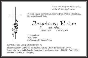 Anzeige von Ingeborg Rehm von Schwäbische Zeitung