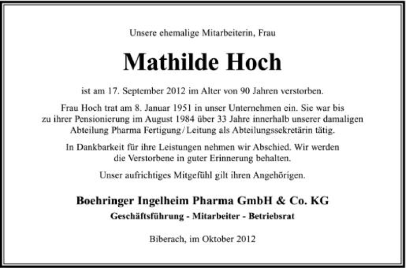  Traueranzeige für Mathilde Hoch vom 10.10.2012 aus Schwäbische Zeitung