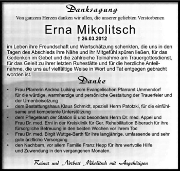 Anzeige von Erna Mikolitsch von Schwäbische Zeitung