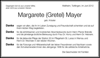 Anzeige von Margarete Mayer von Schwäbische Zeitung