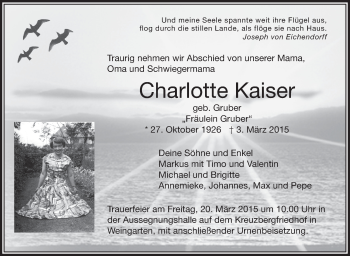 Anzeige von Charlotte Kaiser von Schwäbische Zeitung