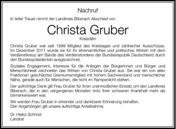 Anzeige von Christa Gruber von Schwäbische Zeitung