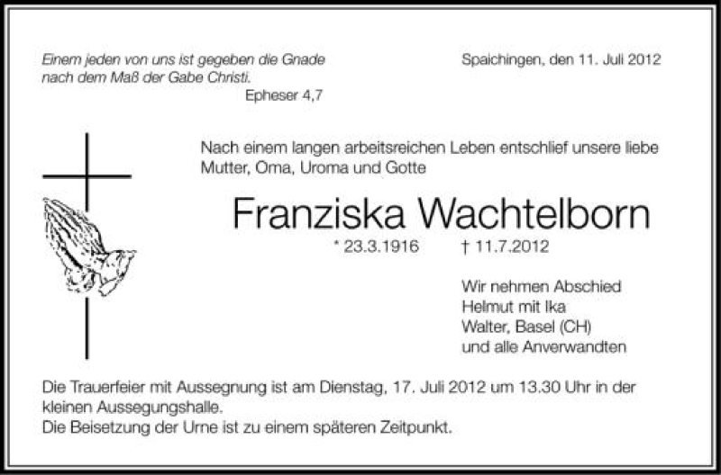  Traueranzeige für Franziska Wachtelborn vom 13.07.2012 aus Schwäbische Zeitung