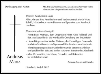 Anzeige von Andreas Manz von Schwäbische Zeitung