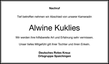 Anzeige von Alwine Kuklies von Schwäbische Zeitung