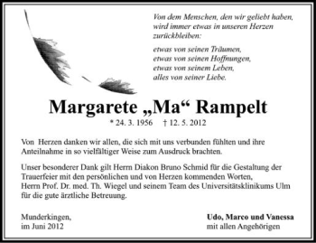 Anzeige von Margarete Rampelt von Schwäbische Zeitung