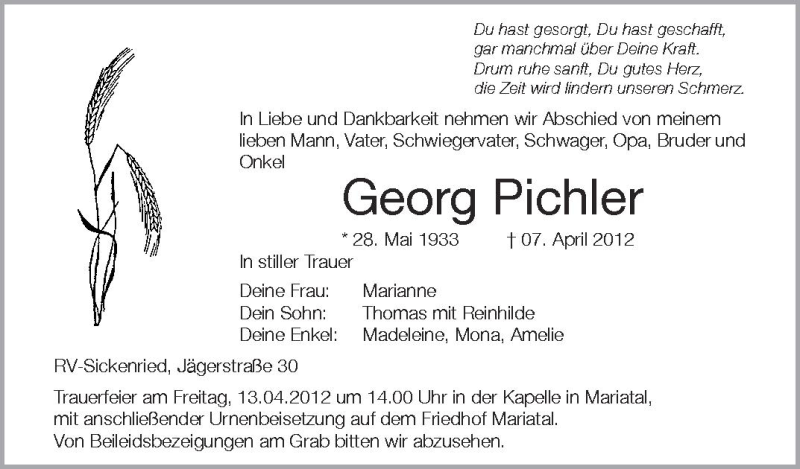  Traueranzeige für Georg Pichler vom 11.04.2012 aus Schwäbische Zeitung