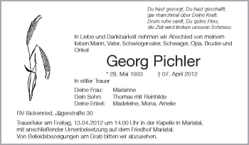 Anzeige von Georg Pichler von Schwäbische Zeitung
