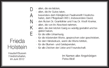 Anzeige von Frieda Holstein von Schwäbische Zeitung